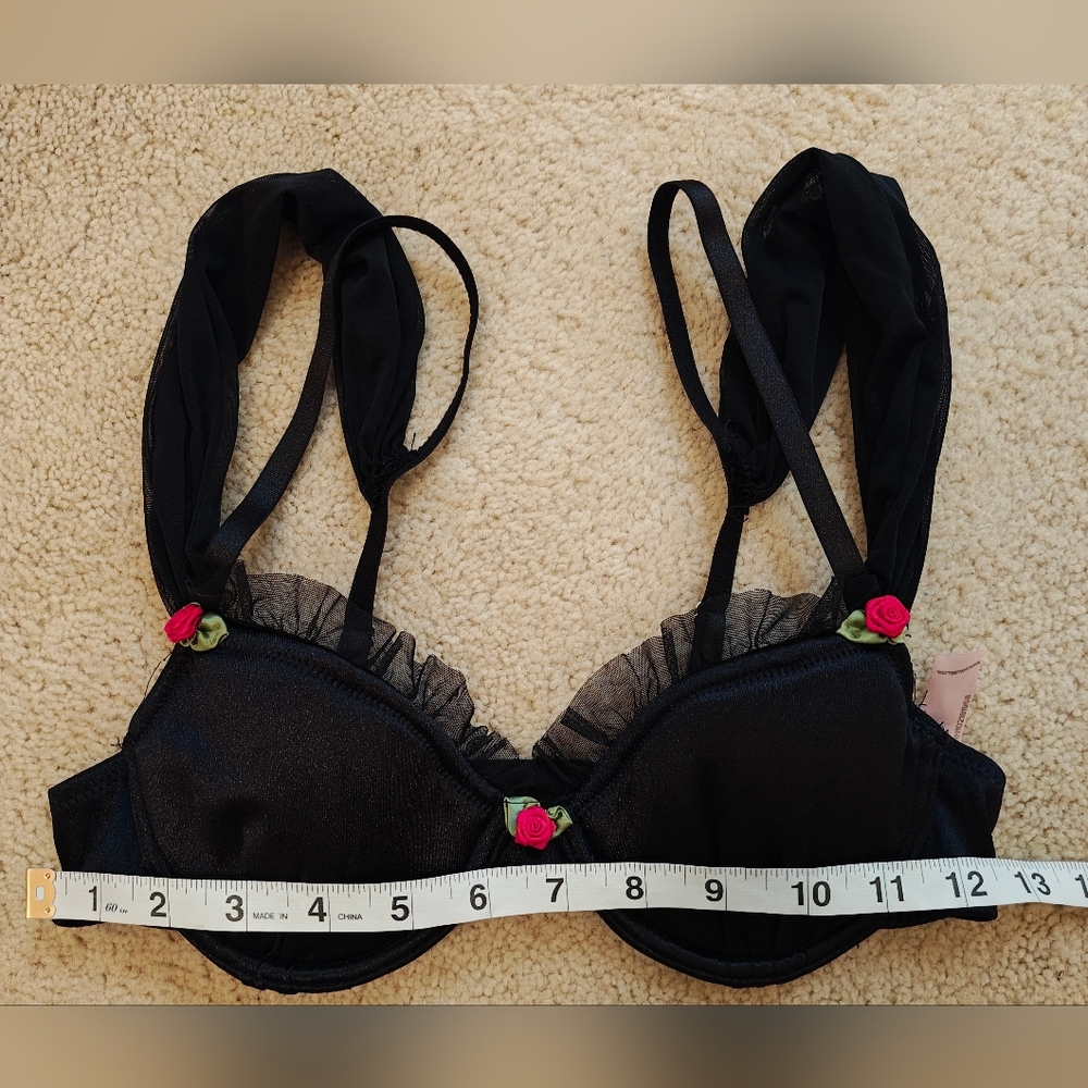 Sugar Thrillz Forbidden Fling Satin Bra w Lace, Rose Buds, Drape Sleeves Ruffles - Picture 14 of 14